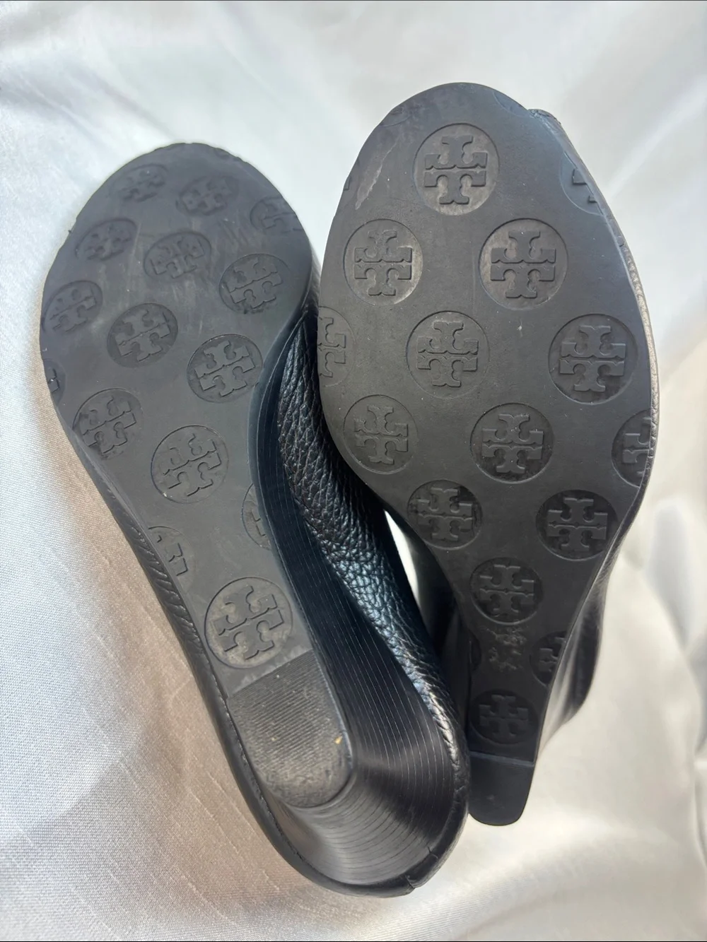 Tory Burch Black Leather Peep-Toe Wedges with Silver Logo Medallions